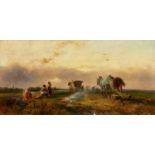 Eduard Schleich the ElderTwo Landscapes with Peasants at WorkOil on panel. Each 16 x 31.5 cm.One