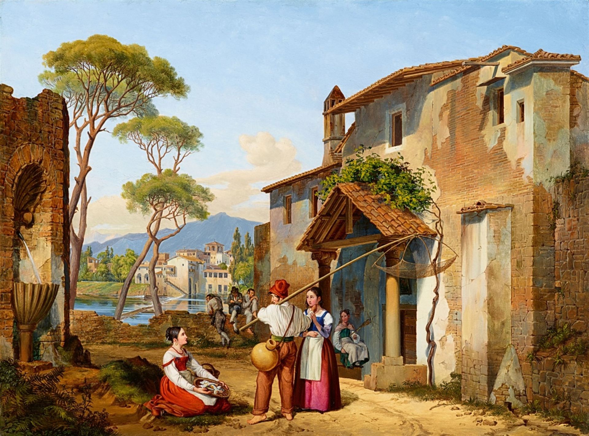 Michael NeherItalian street view with fishermenoil on metal. 31.5 x 43 cm.Monogrammed and dated