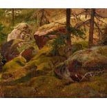 Andreas AchenbachForest Landscape with Moss Covered Boulders – Sceredere KlintenOil on panel (