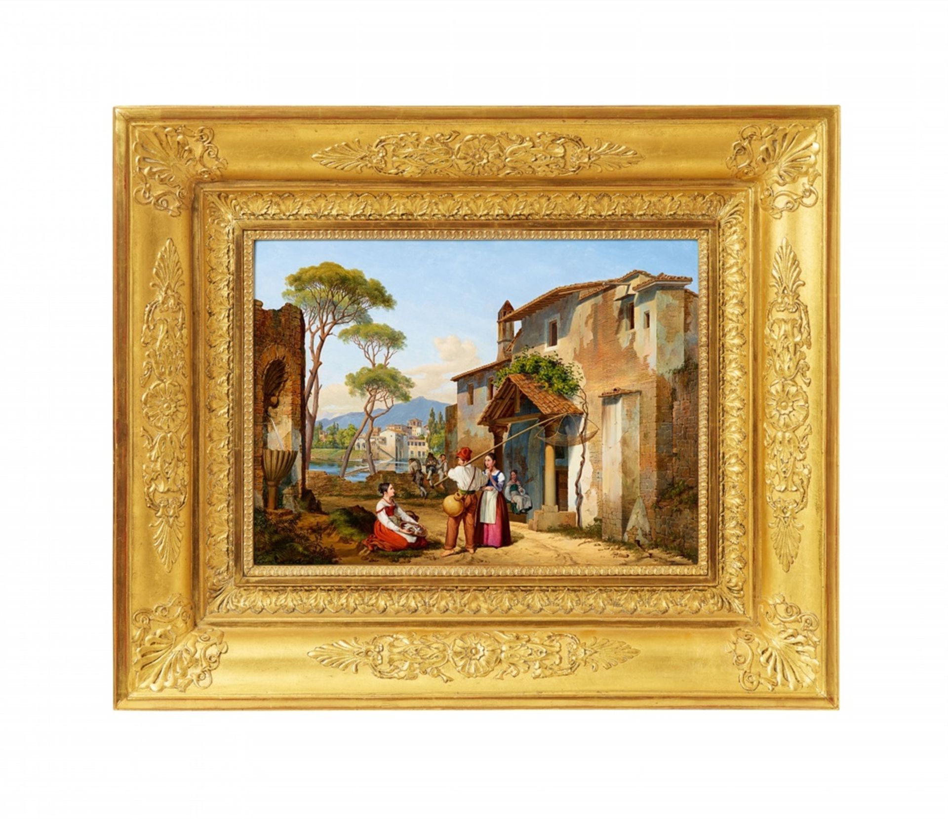 Michael NeherItalian street view with fishermenoil on metal. 31.5 x 43 cm.Monogrammed and dated - Bild 2 aus 2