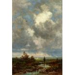 Carl SpitzwegLandscape with a HunterOil on panel. 21 x 14.5 cm.Monogrammed lower left: Spitzweg in a