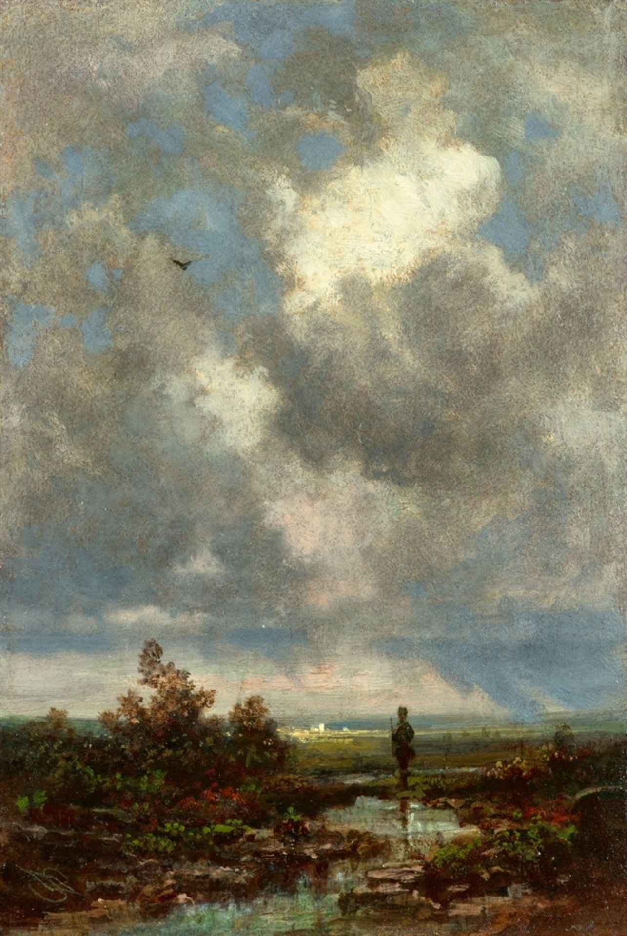 Carl SpitzwegLandscape with a HunterOil on panel. 21 x 14.5 cm.Monogrammed lower left: Spitzweg in a