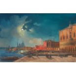 Ippolito CaffiNight Bonfires on the Piazetta in VeniceGouache on paper. 18 x 27.5 cm.Signed lower