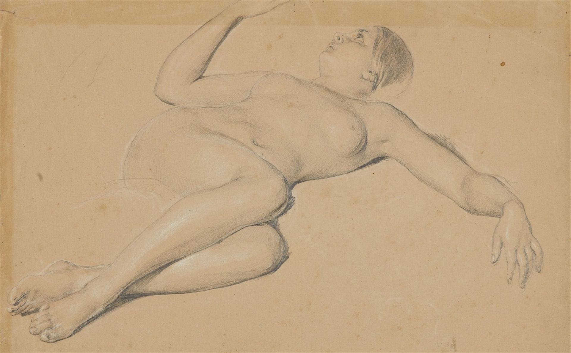 Otto GreinerRecumbent Female NudePencil and white chalk on paper.. 21 x 34.5 cm..Framed.Otto