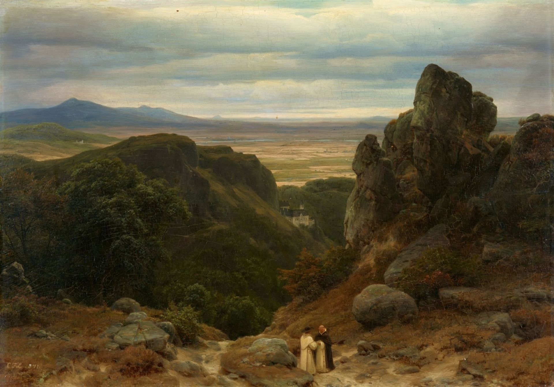 Carl Friedrich LessingLandscape with a Castle and Two MonksOil on panel. 39 x 55 cm.Monogrammed
