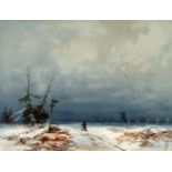 Bernhard FiedlerWinter landscape with windmill and hikerOil on canvas. 22 x 28.5 cm.Monogrammed