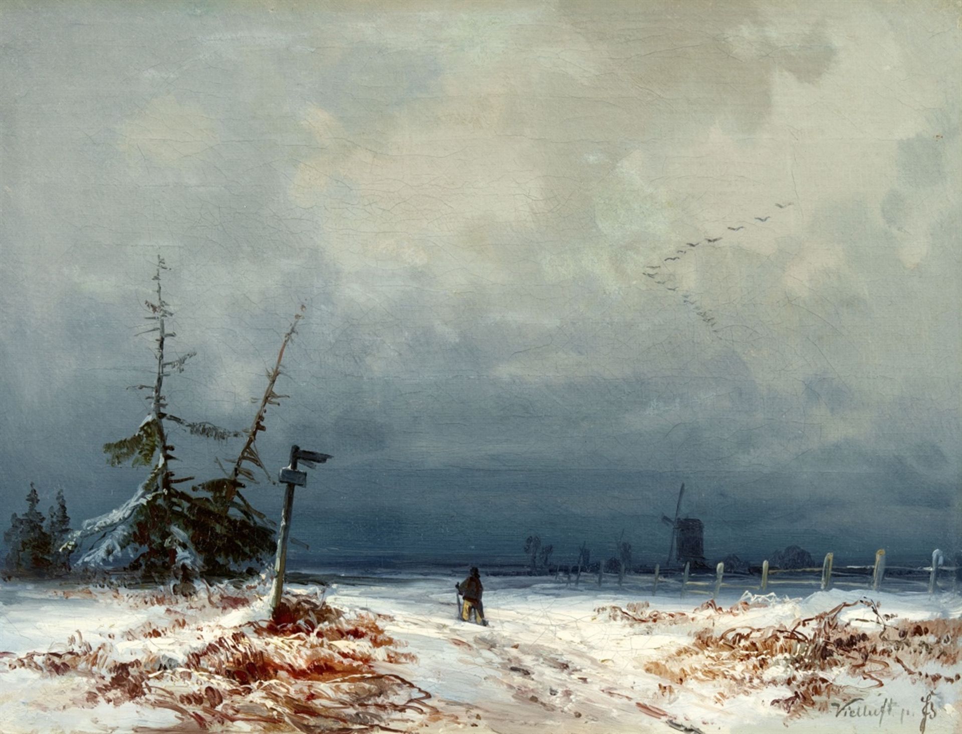 Bernhard FiedlerWinter landscape with windmill and hikerOil on canvas. 22 x 28.5 cm.Monogrammed