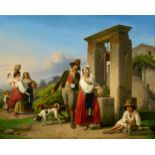 Theodor Leopold WellerA Hunter and a Young Woman at a Well in SoraOil on canvas. 73.5 x 91 cm.Signed