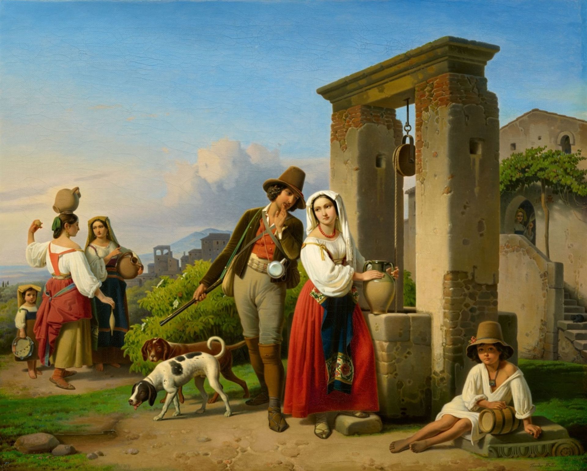 Theodor Leopold WellerA Hunter and a Young Woman at a Well in SoraOil on canvas. 73.5 x 91 cm.Signed