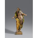 A carved wooden figure of Saint Joachim attributed to Michael Zürn the ElderCarved three-quarters in