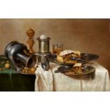 Cornelis MahuStill Life with a Pastry, Nuts, a Salt Dish, Pewter Plates, and a PitcherOil on panel..