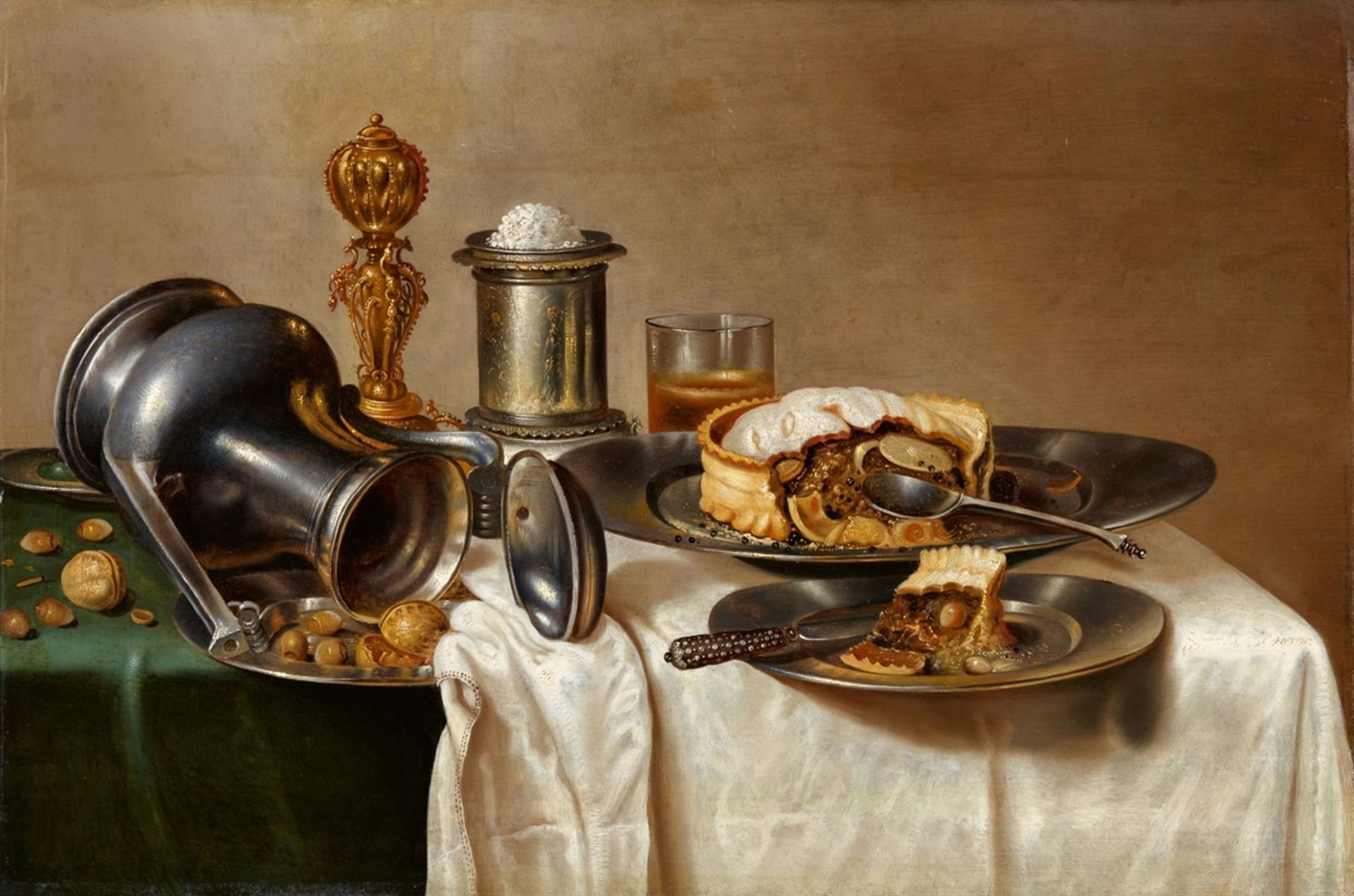 Cornelis MahuStill Life with a Pastry, Nuts, a Salt Dish, Pewter Plates, and a PitcherOil on panel..