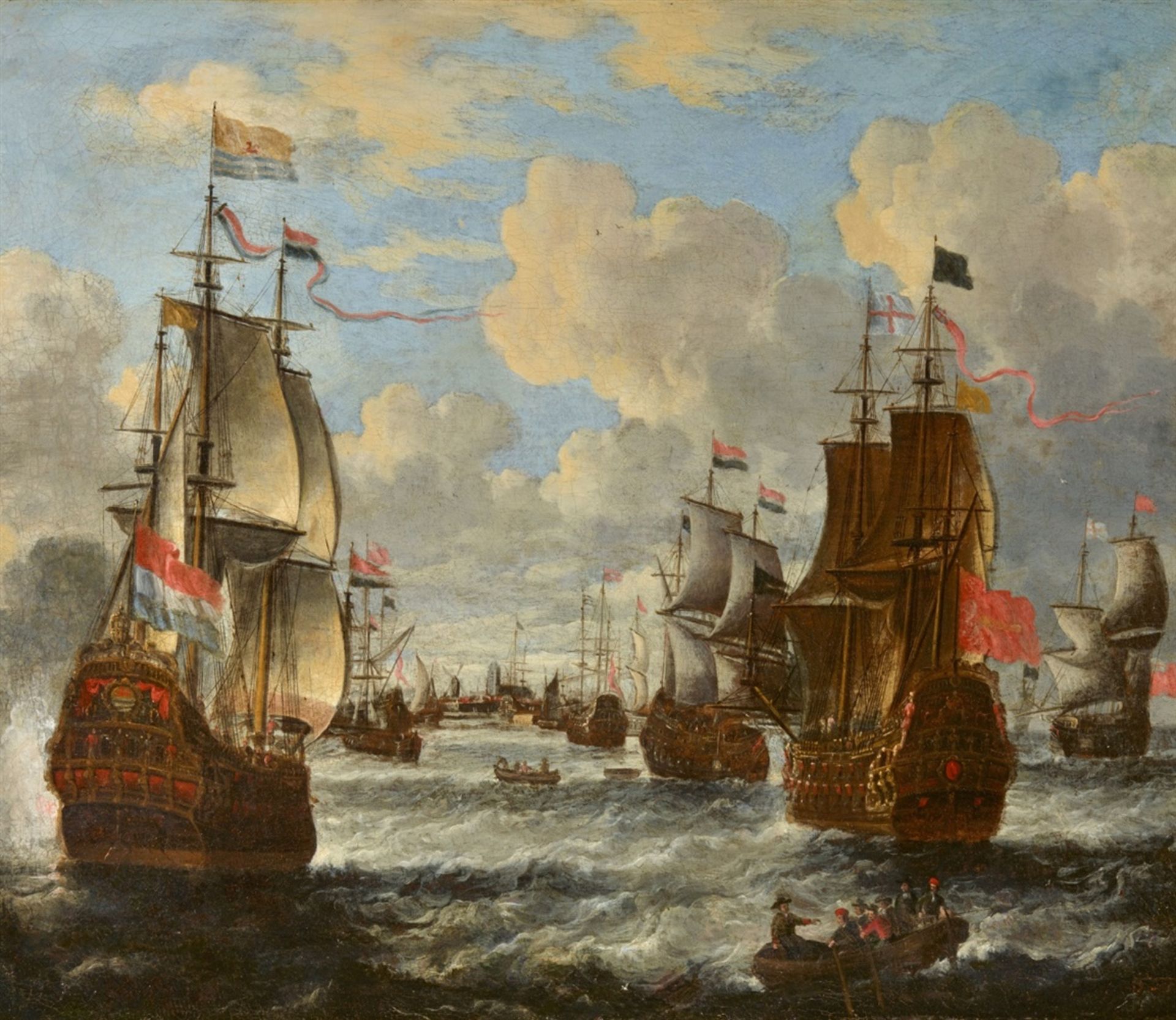 Pieter van den VeldeShips on Rough Seas near DordrechtOil on canvas (relined). 49 x 57 cm.