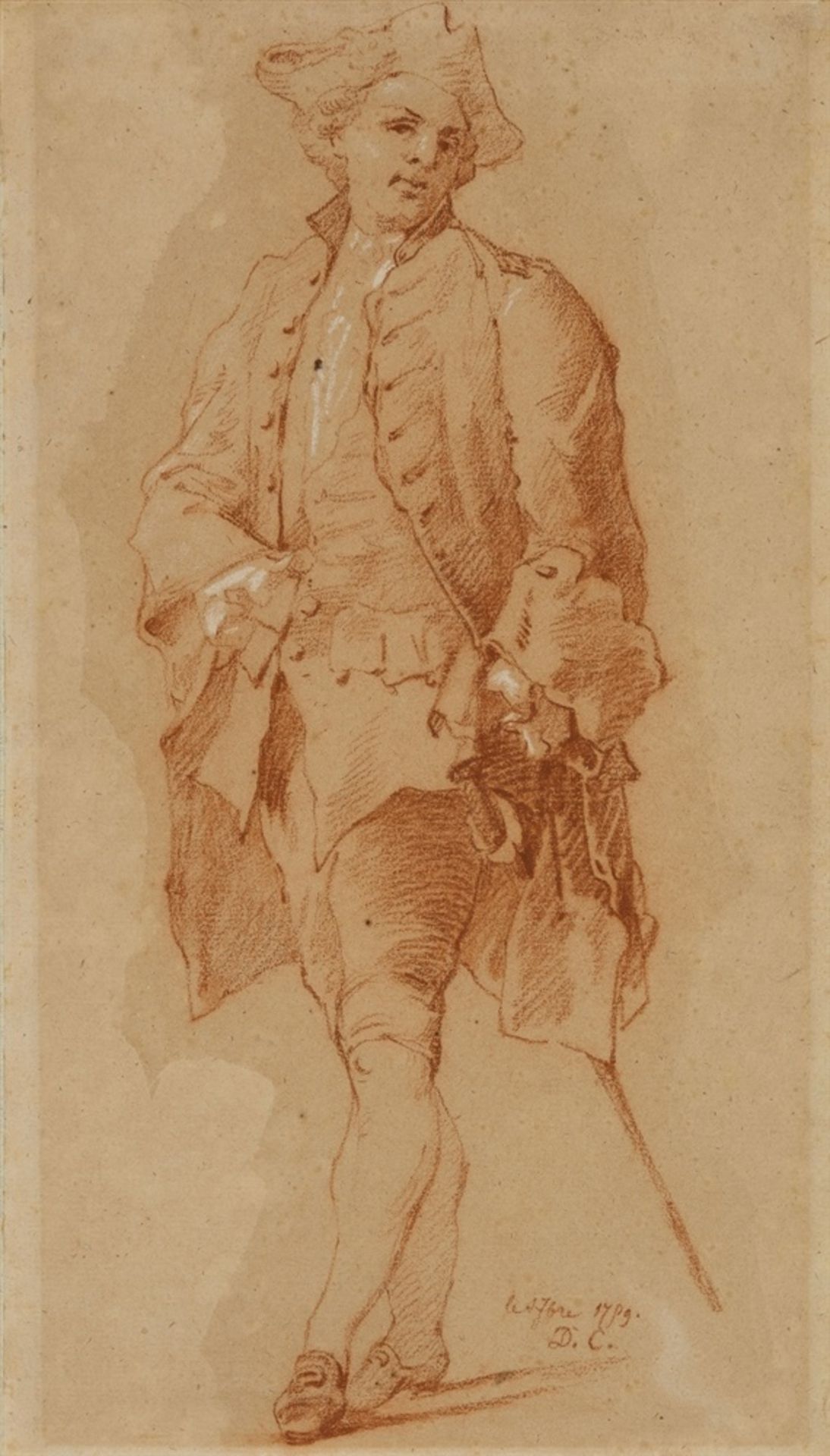 Daniel ChodowieckiPortrait of a Man with a Walking Stick and a TricornRed chalk and white chalk on