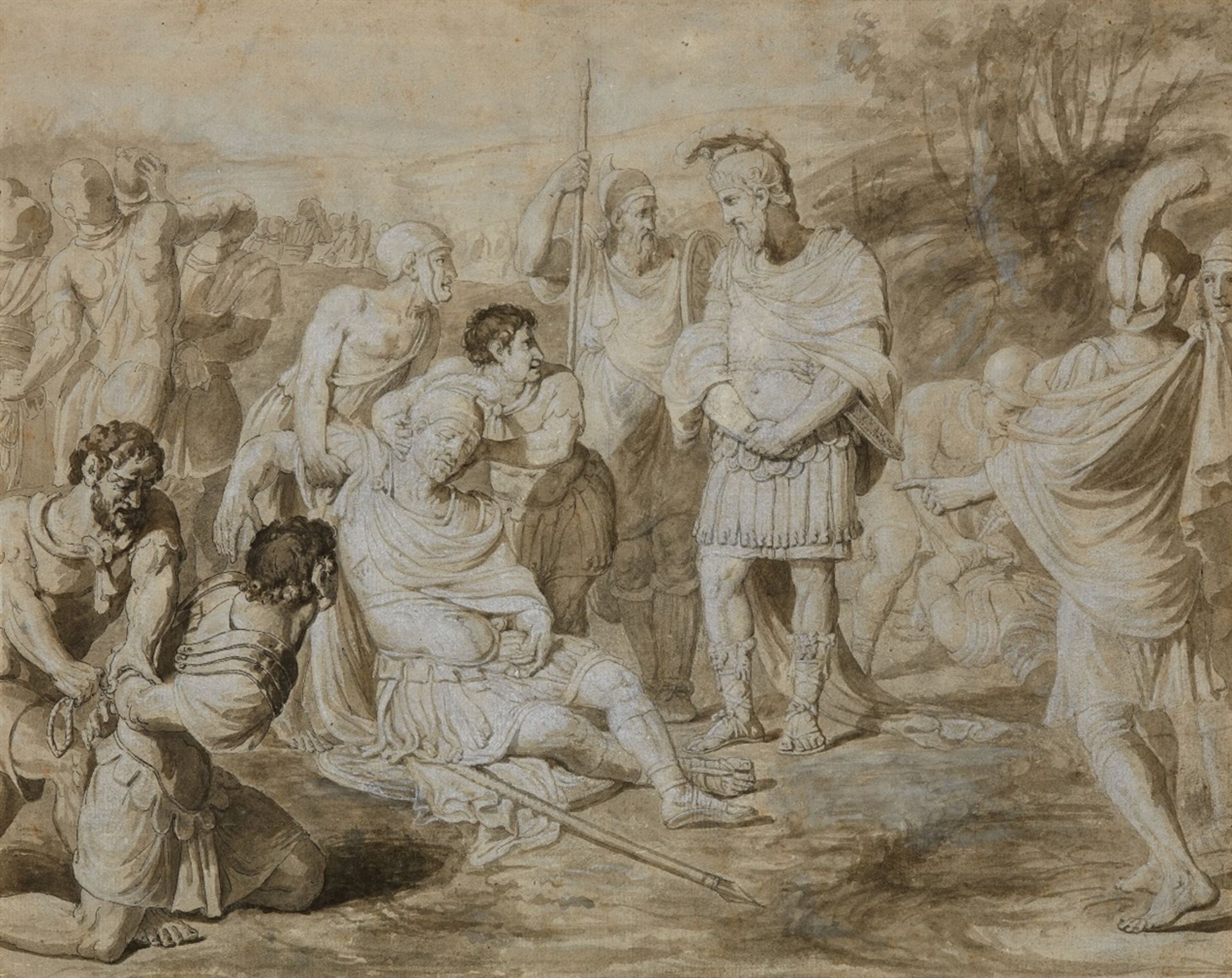 Luca Penni, attributed toScenes from a Story of AntiquityBrown ink and wash and white chalk on