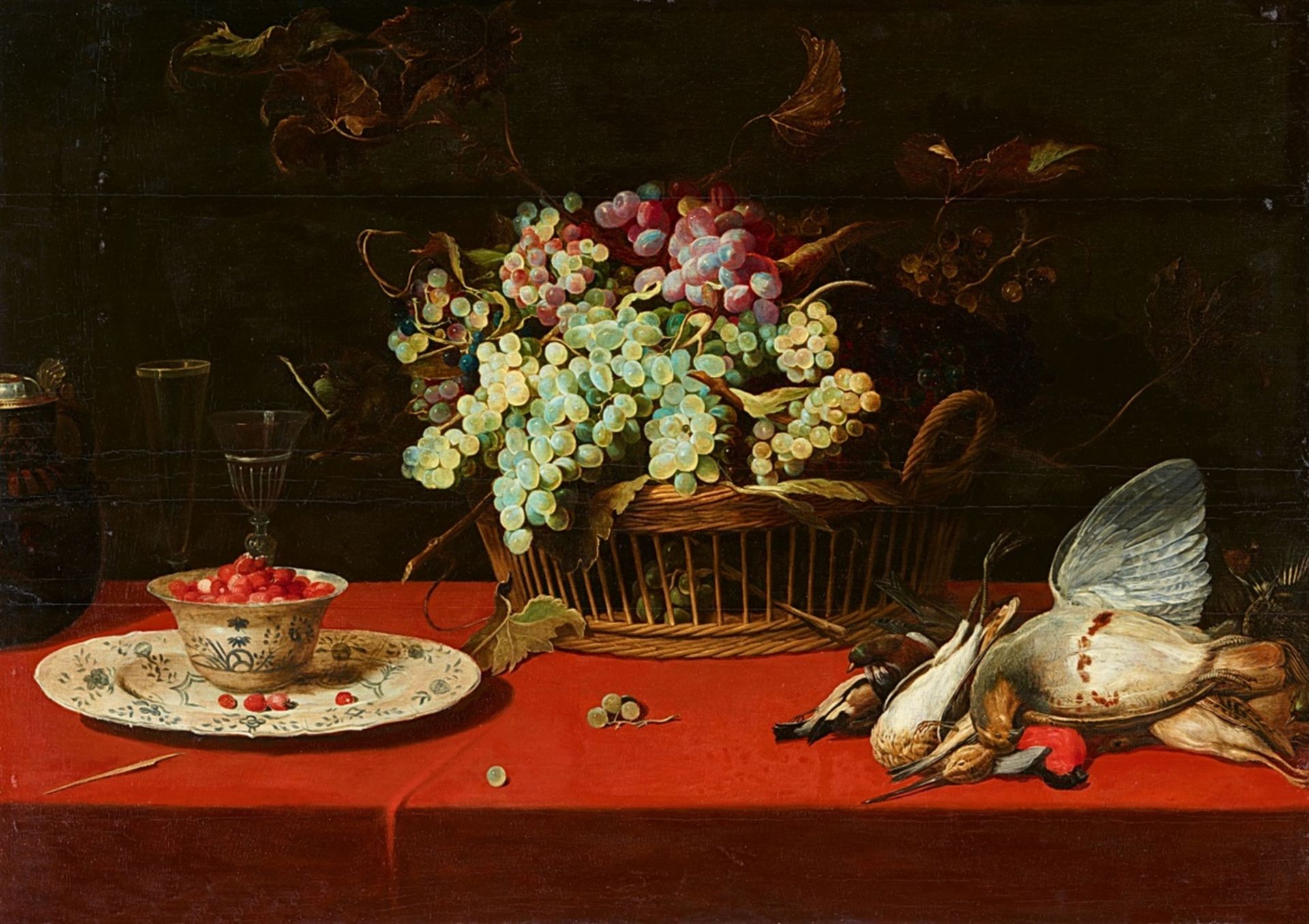 Frans SnydersStill Life with Grapes in a Basket, a Dish of Strawberries, and Game BirdsOil on