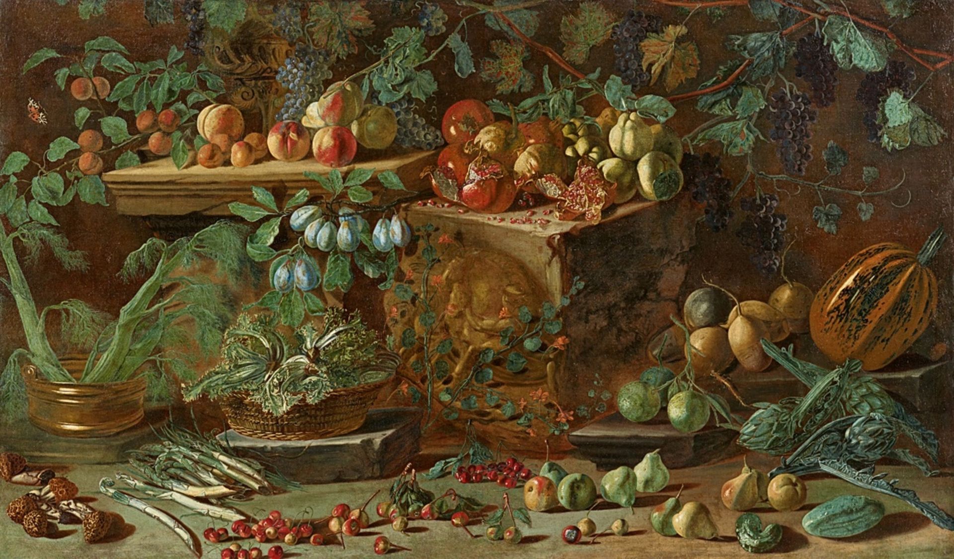 Pietro Paolo BonziLarge Still Life with Fruit and VegetablesOil on canvas (relined). 117 x 197 cm.