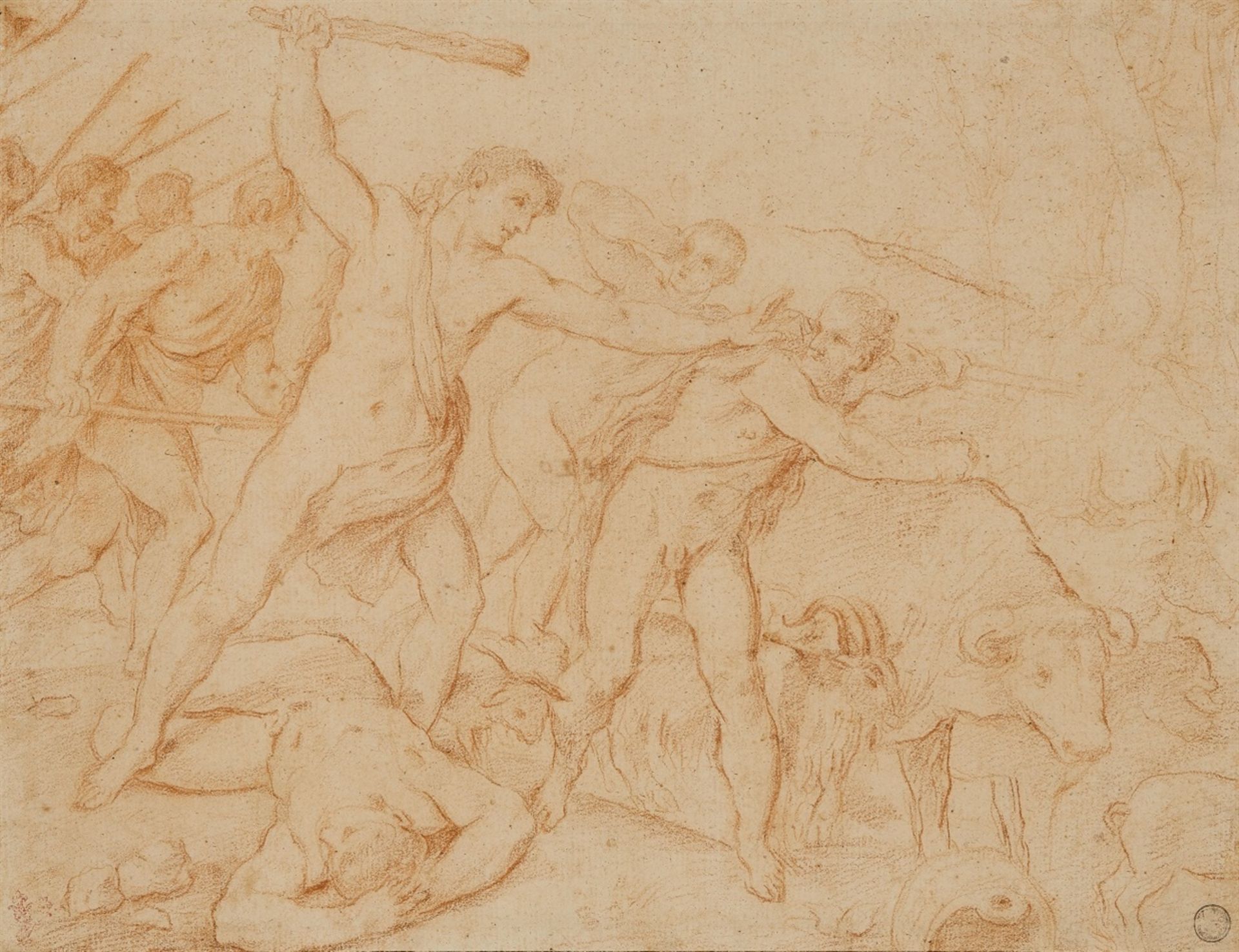 Giuseppe Maria Crespi, circle ofRomulus and Remus battling the Cattle ThievesRed chalk on paper (