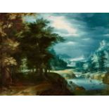 Paul Bril, circle ofForest Landscape with a View into the DistanceOil on panel. 42 x 55 cm.
