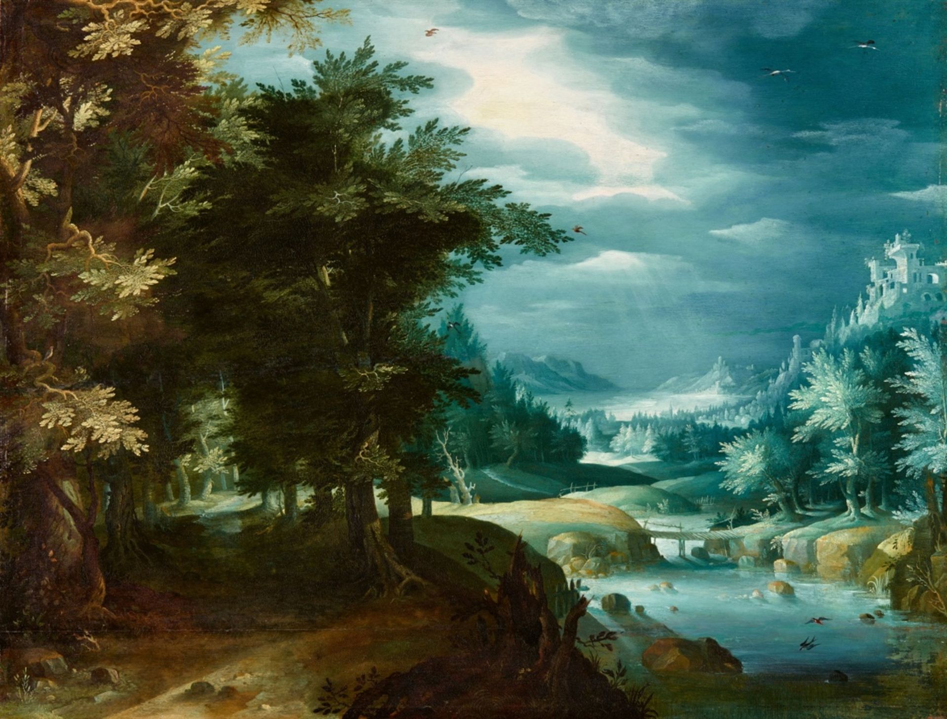 Paul Bril, circle ofForest Landscape with a View into the DistanceOil on panel. 42 x 55 cm.