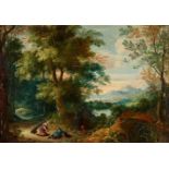 Flemish School 17th centuryLandscape with Pyramus and ThisbeOil on panel.. 24.5 x 35 cm..