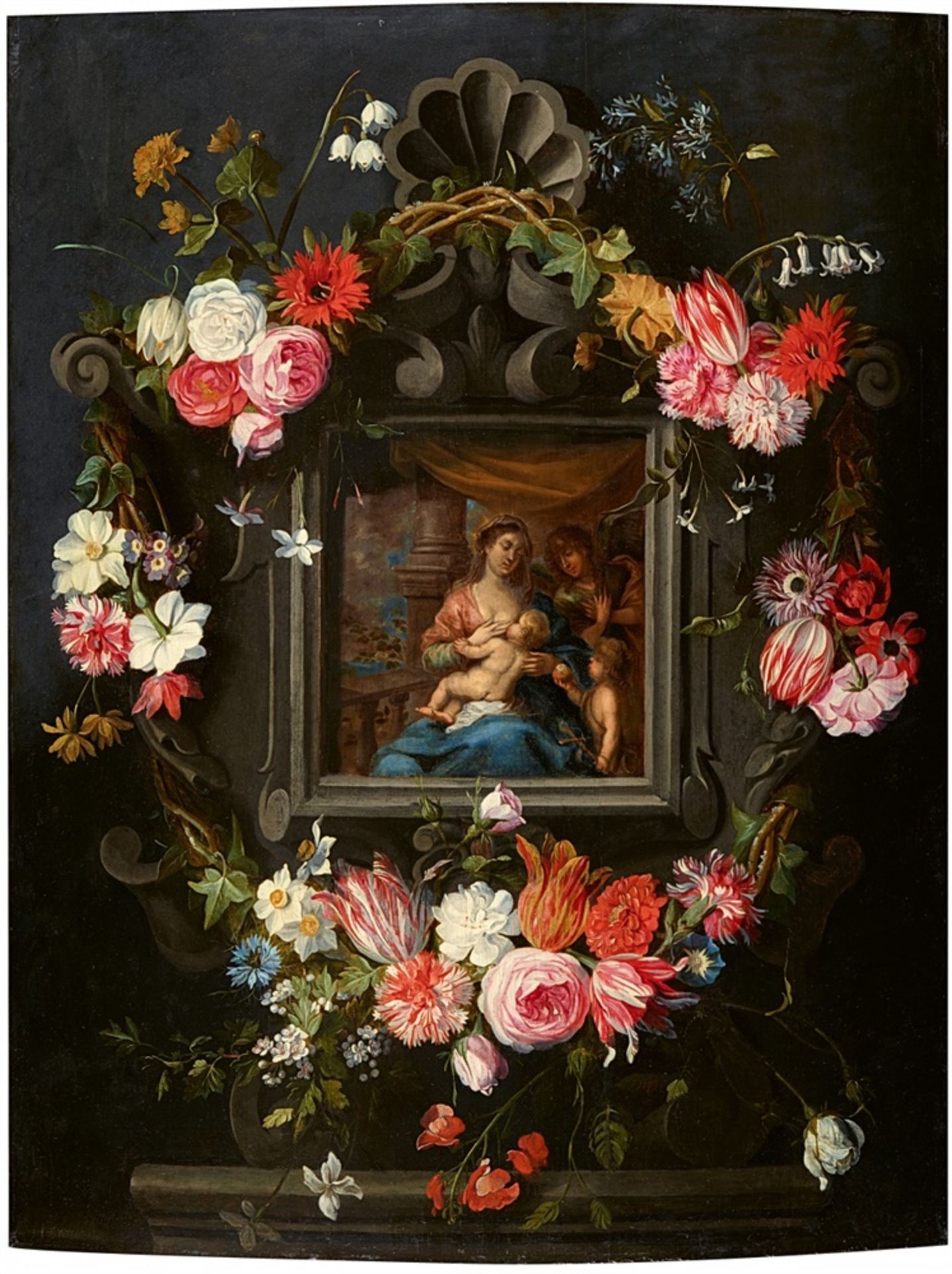Jan Brueghel the YoungerPieter van AvontThe Virgin and Child in a Cartouche with FlowersOil on