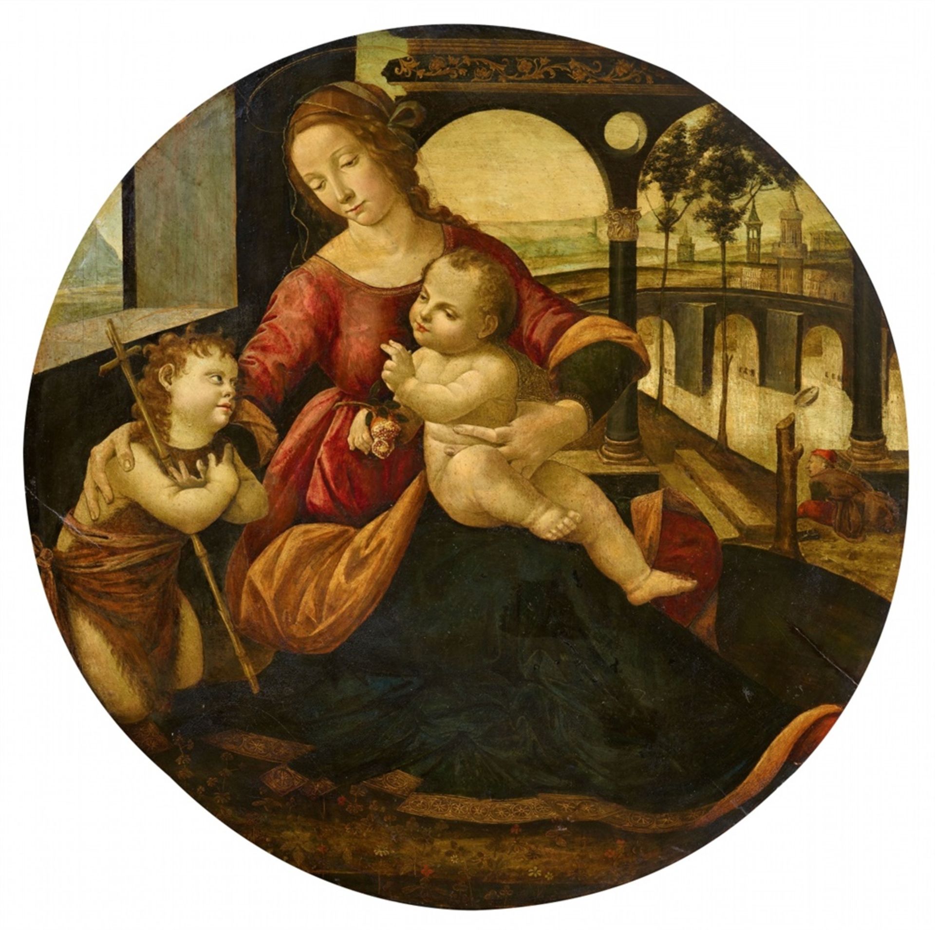Tommaso di CrediThe Virgin and Child with Saint John the BaptistOil on wood. Diameter 86 cm..