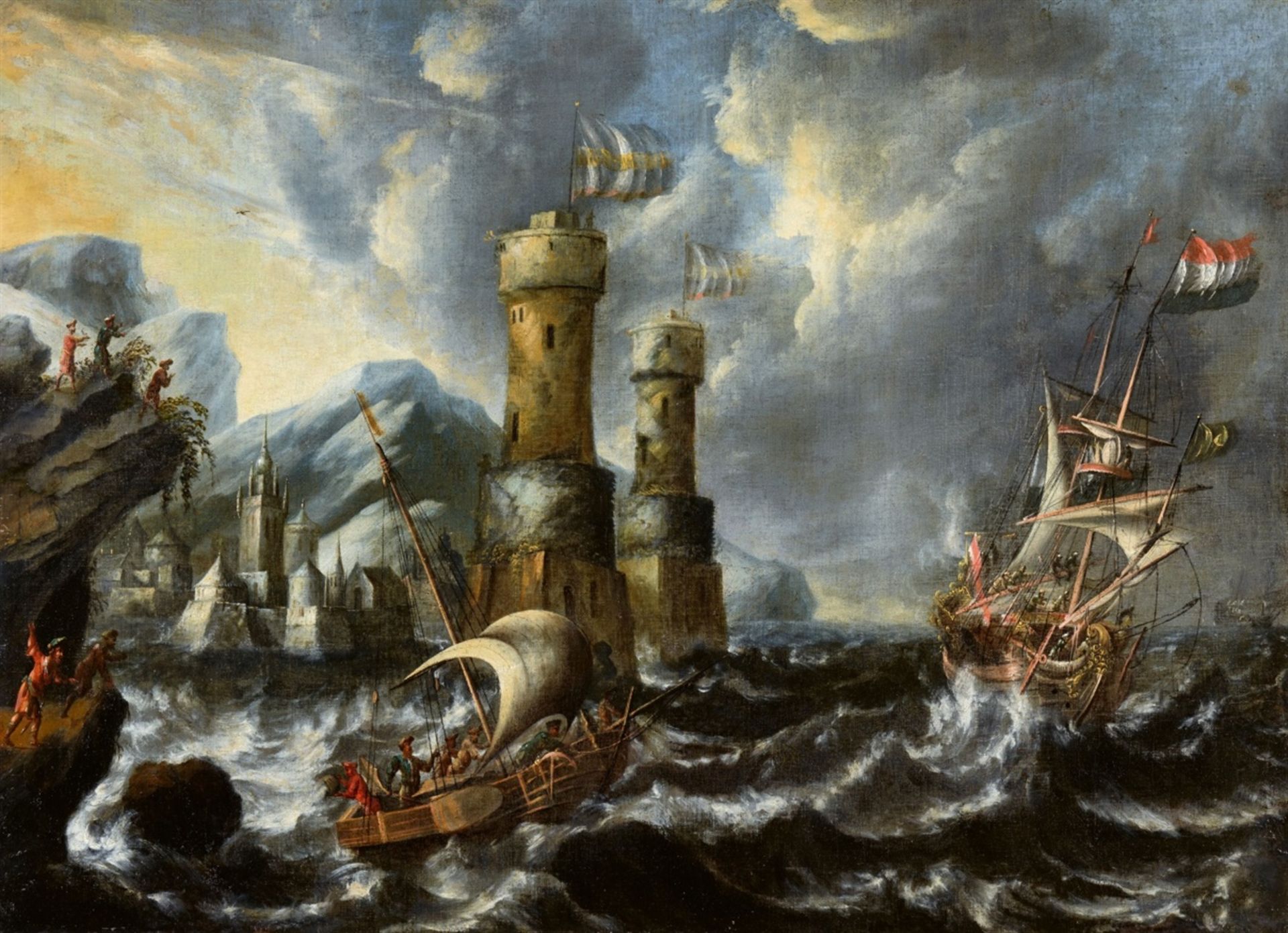 Bonaventura Peeters, attributed toShips in a Storm by a Rocky Coastline with a FortressOil on canvas