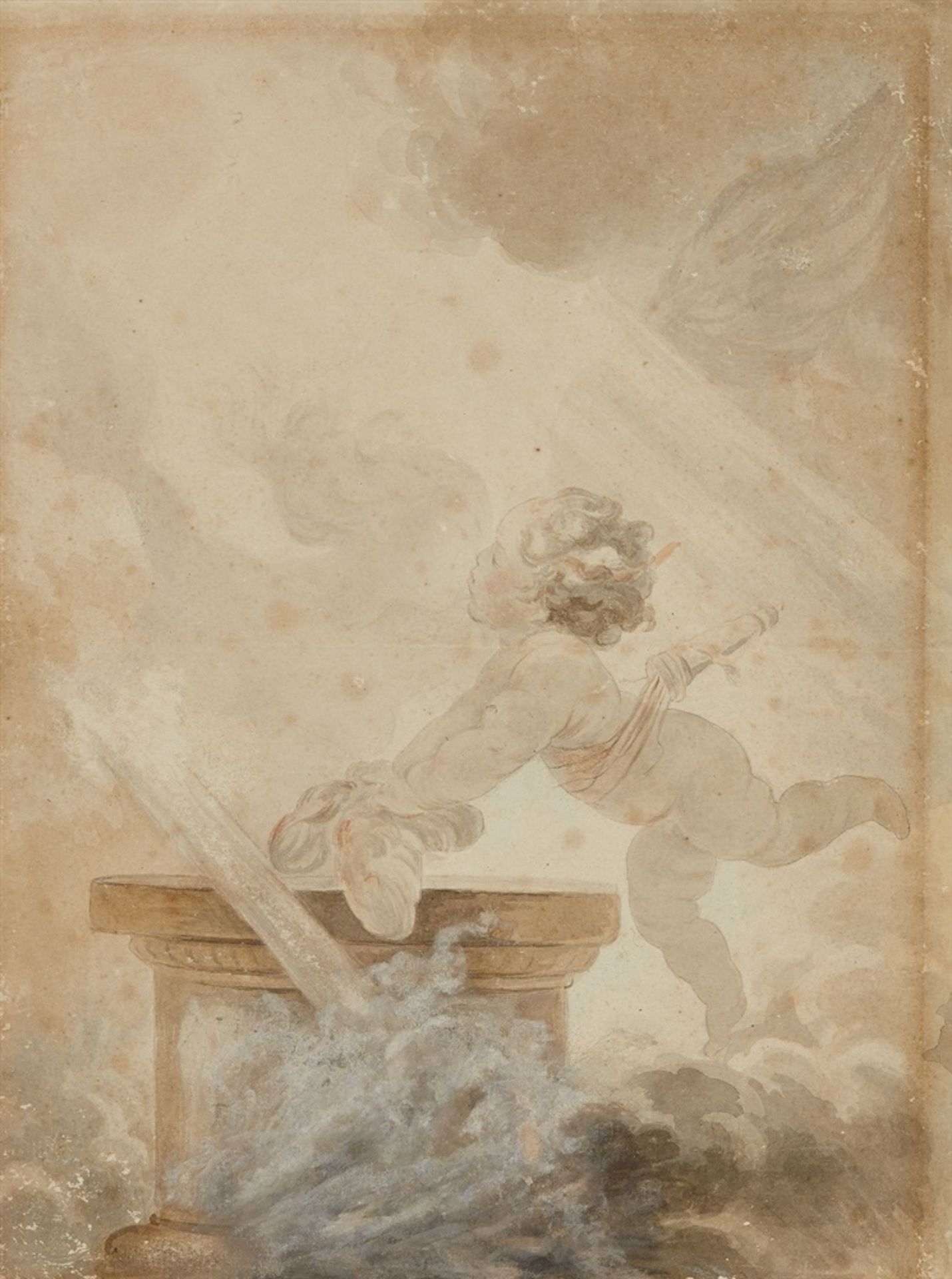 Jean-Honoré Fragonard, attributed toEros kindling LoveWatercolour on paper.. 31 x 23 cm..Framed..