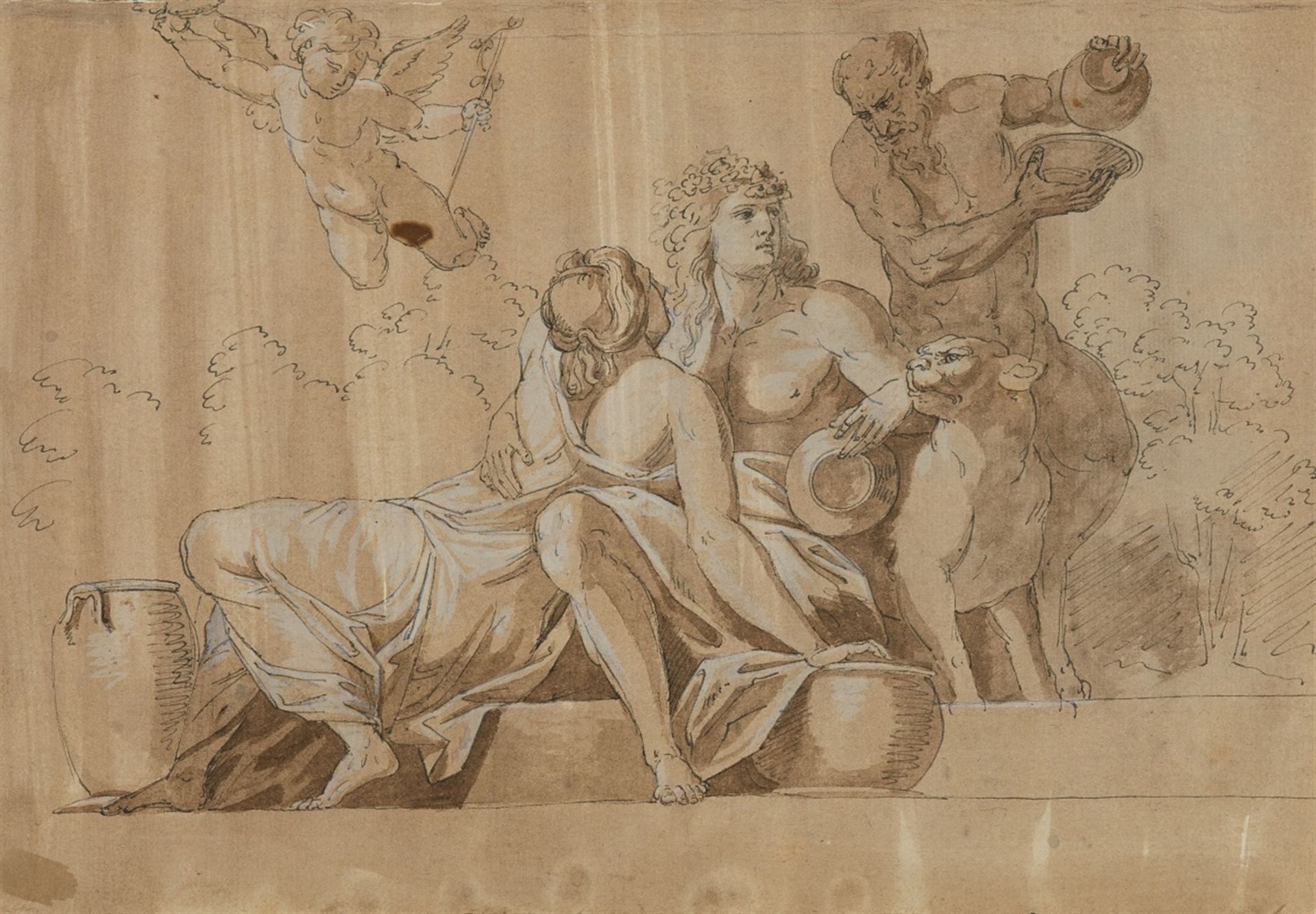 Probably french school 18th centuryBacchus and a Nymph embracing with Pan and CupidGrey ink, brown