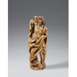 A carved limewood figure of Saint Sebastian by Jakob MaurusCarved three-quarters in the round and