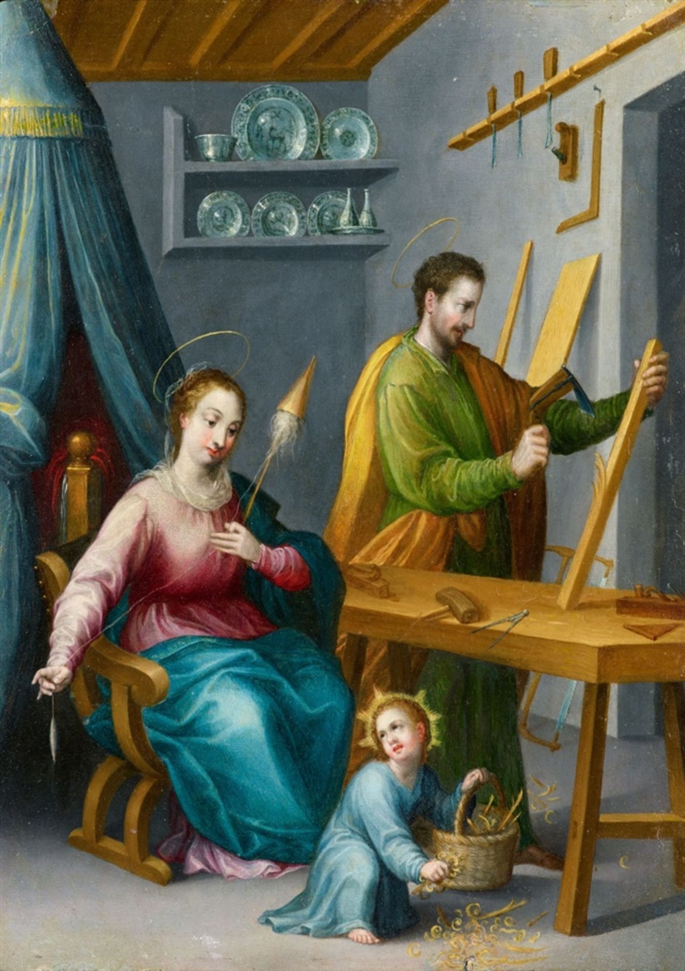 Sigismondo LaireThe Virgin and Child with Saint Joseph as a CarpenterOil on copper. 26 x 19 cm.