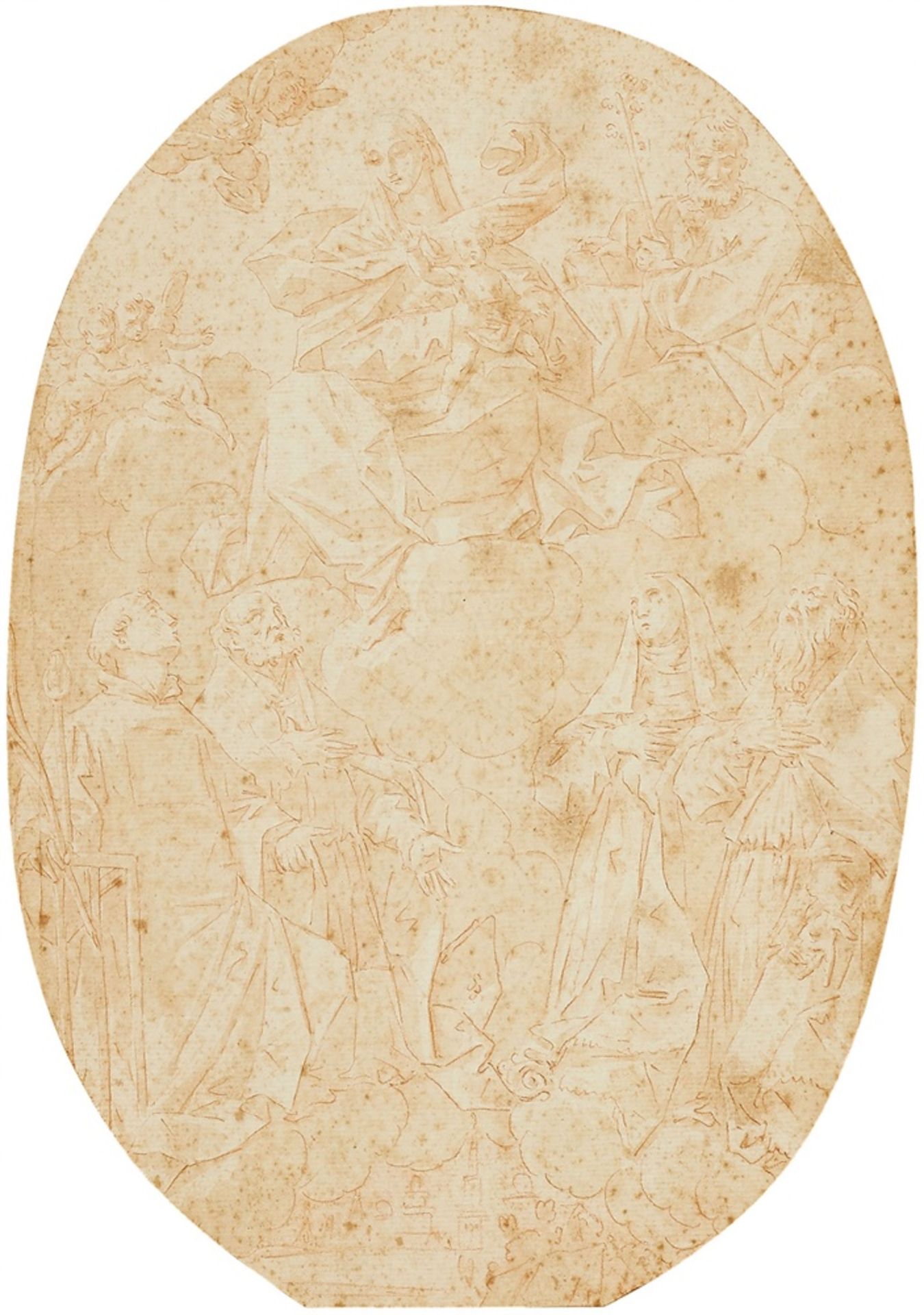 Italian School um 1700The Virgin Appearing to Four SaintsBrown chalk. 26 x 18 cm.Framed.