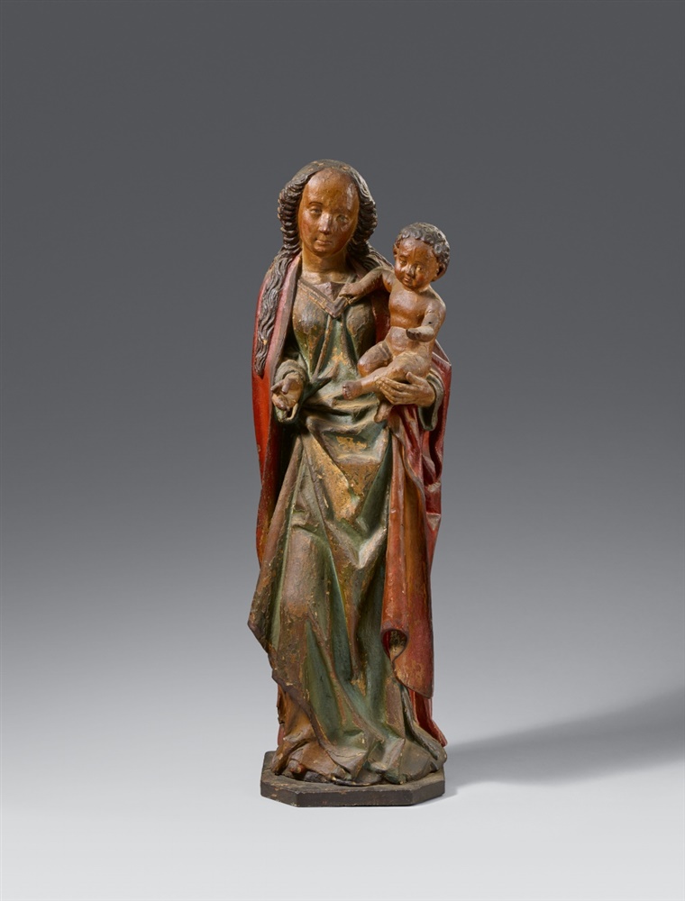 A carved wooden figure of the Virgin and Child, Lower Rhine Region, second half 15th centuryCarved