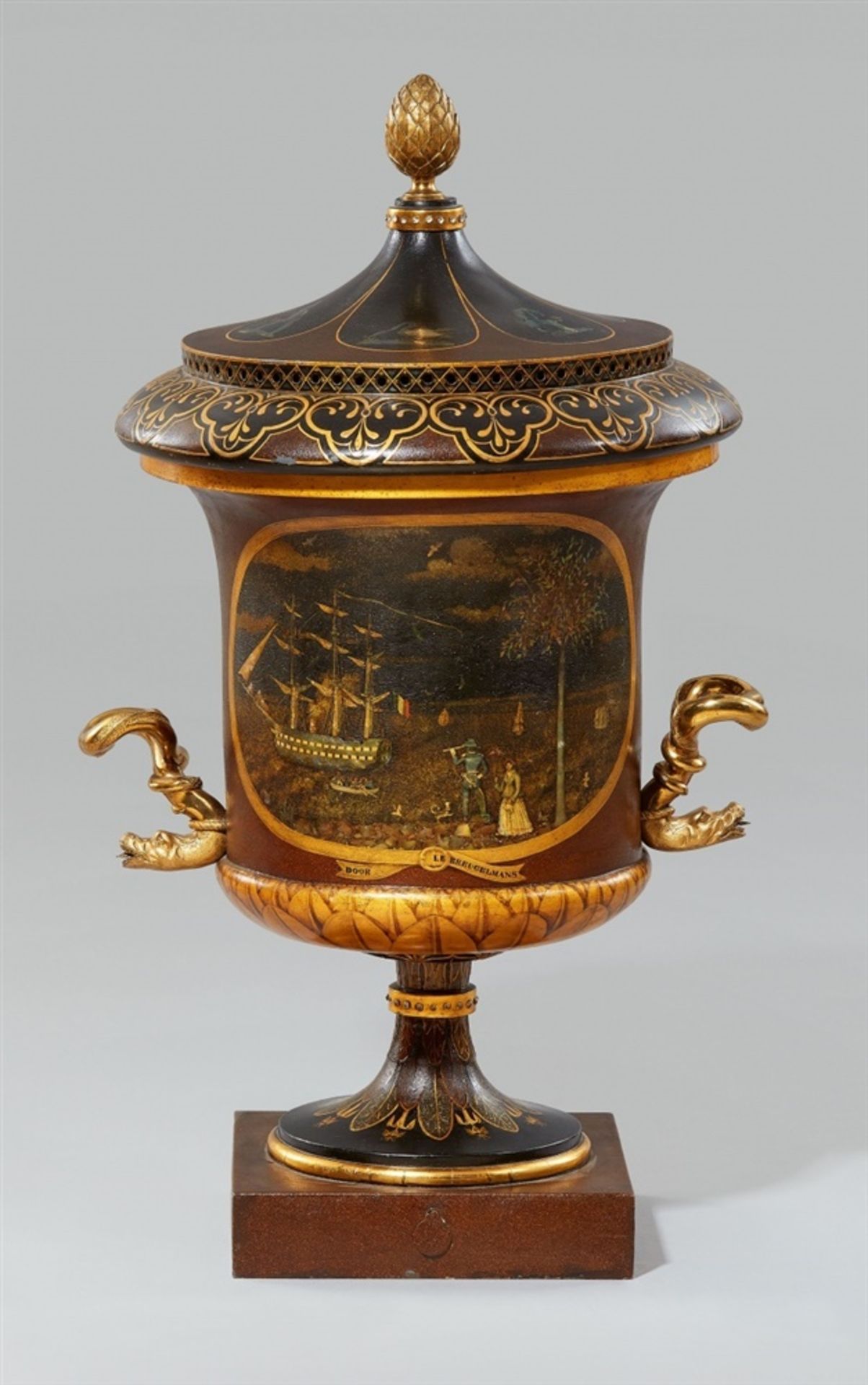 A large krater-form vase with maritime motifsBrass, tin, aventurine lacquer, polychrome oil lacquer,