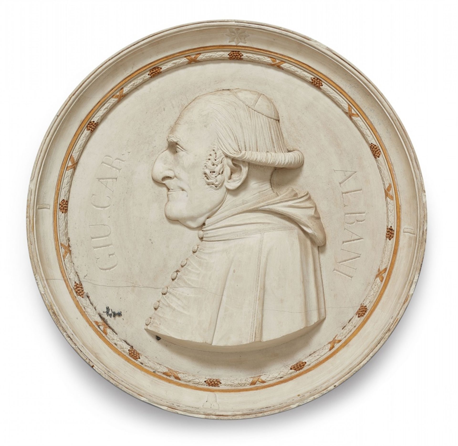 Portrait of Cardinal Giuseppe Andrea AlbaniKalkstein, Vergoldung. A gilt limestone tondo with a