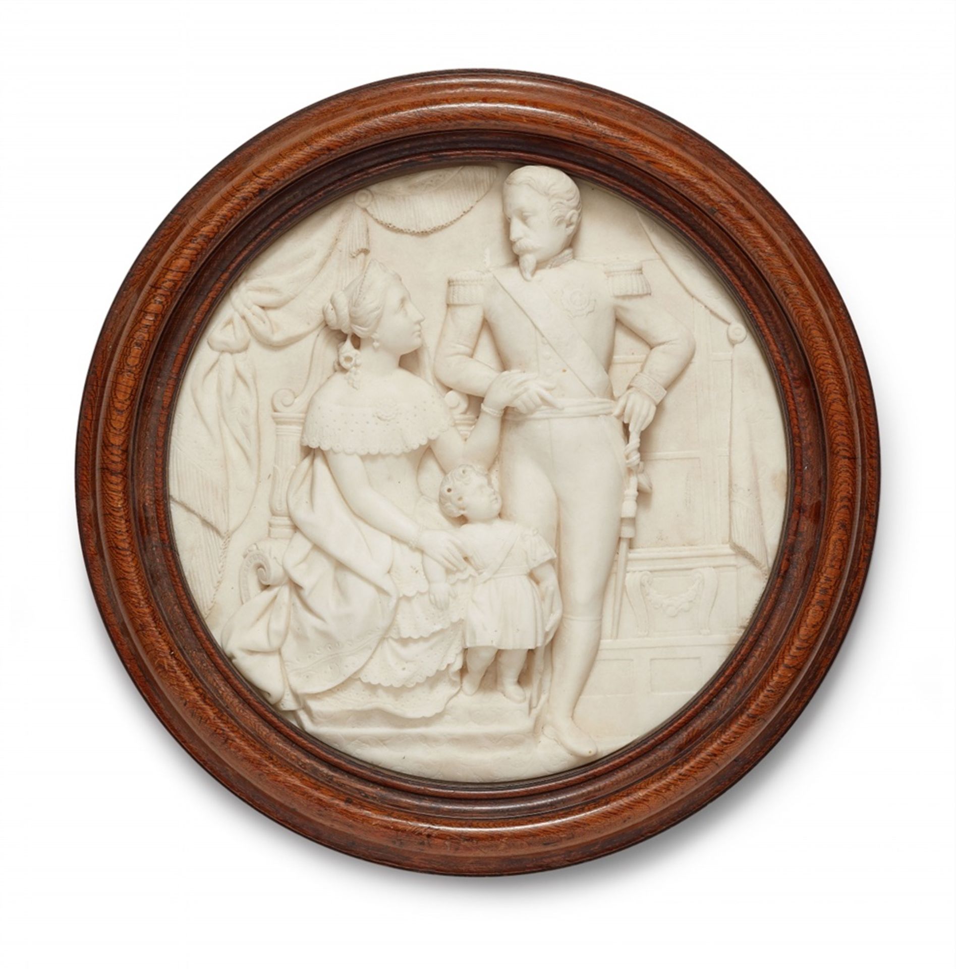 Two white marble tondi for Napoleon IIIRound relief plaques depicting a group portrait of "La