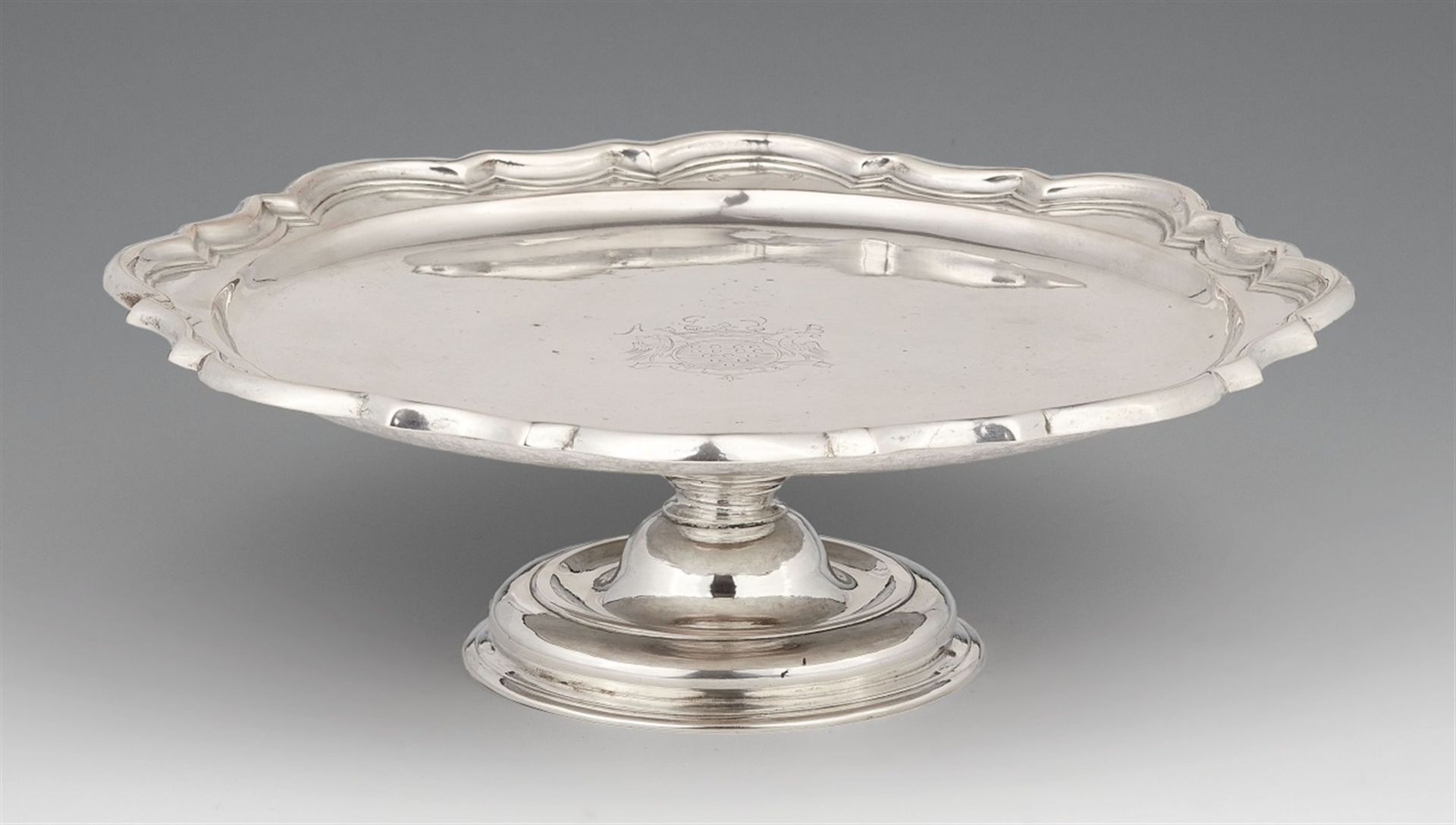 A silver tazza made for the Dukes of BülowRound scalloped platter on a short baluster-form foot. The