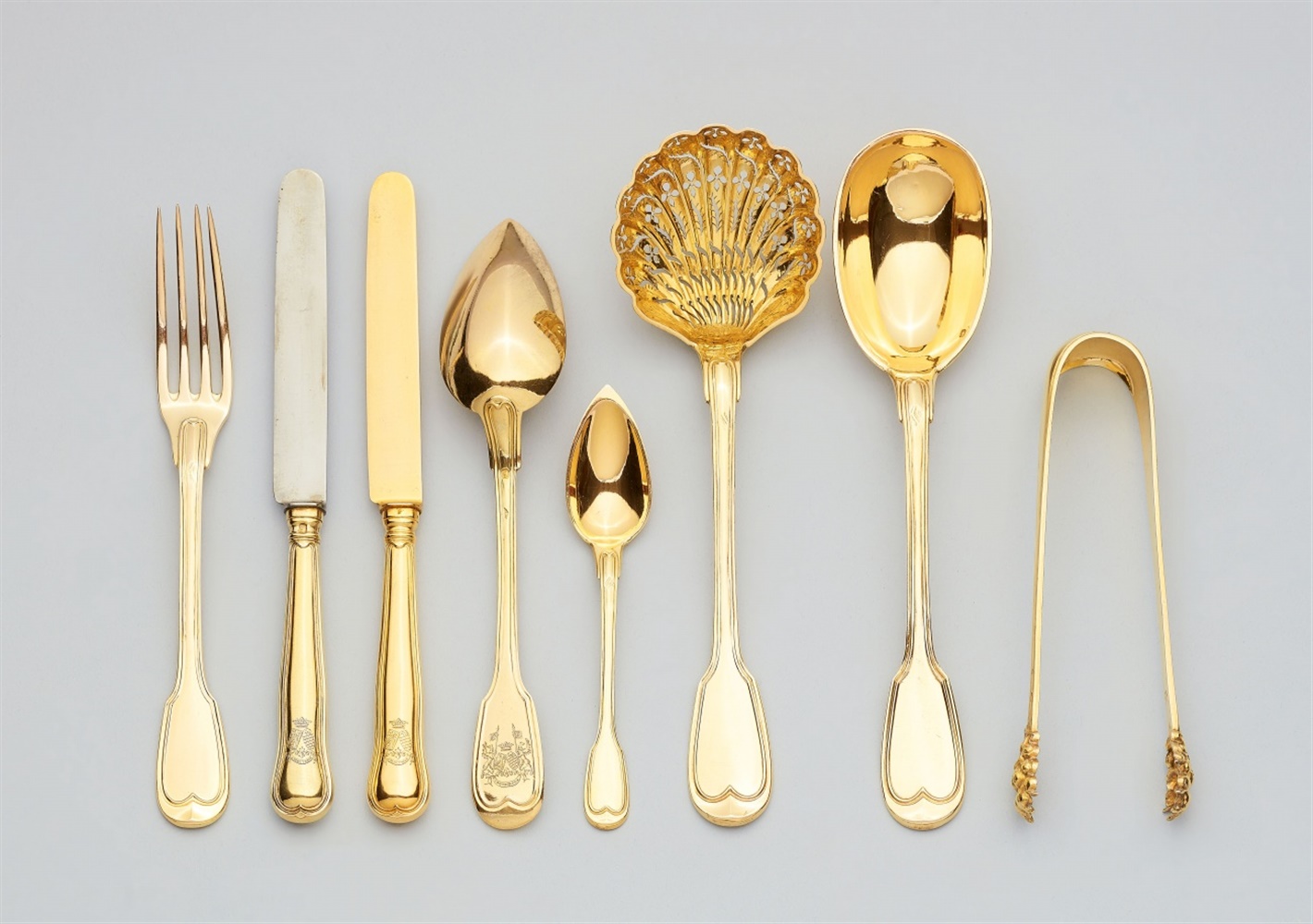 A Parisian silver dessert cutlery set in the original caseSilver; gold-plated. A 121 piece set of