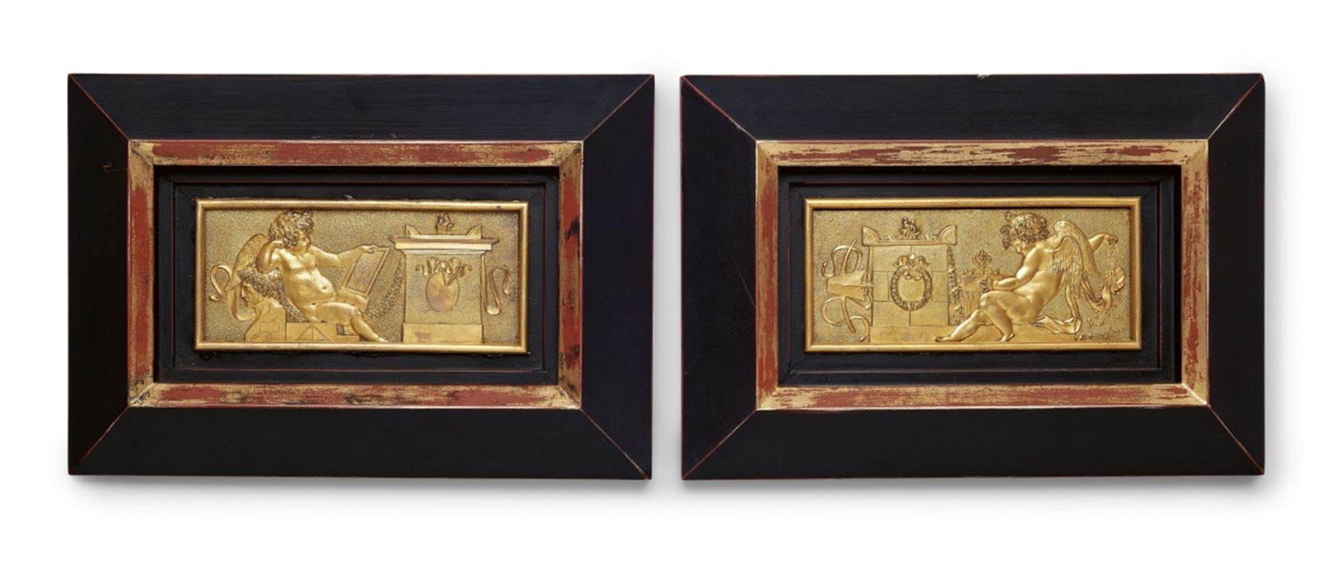 A pair of ormolu relief plaques with puttiRectangular fire-gilt bronze plaques decorated with