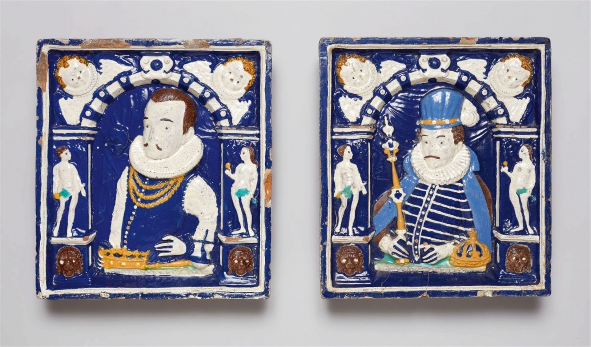 A pair of ceramic stove tiles with portraits of Emperor Sigismund and King Christian IVTiles