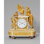 A Louis XVI pendulum clockOrmolu clock on a white marble base, glazed white enamel dial with black