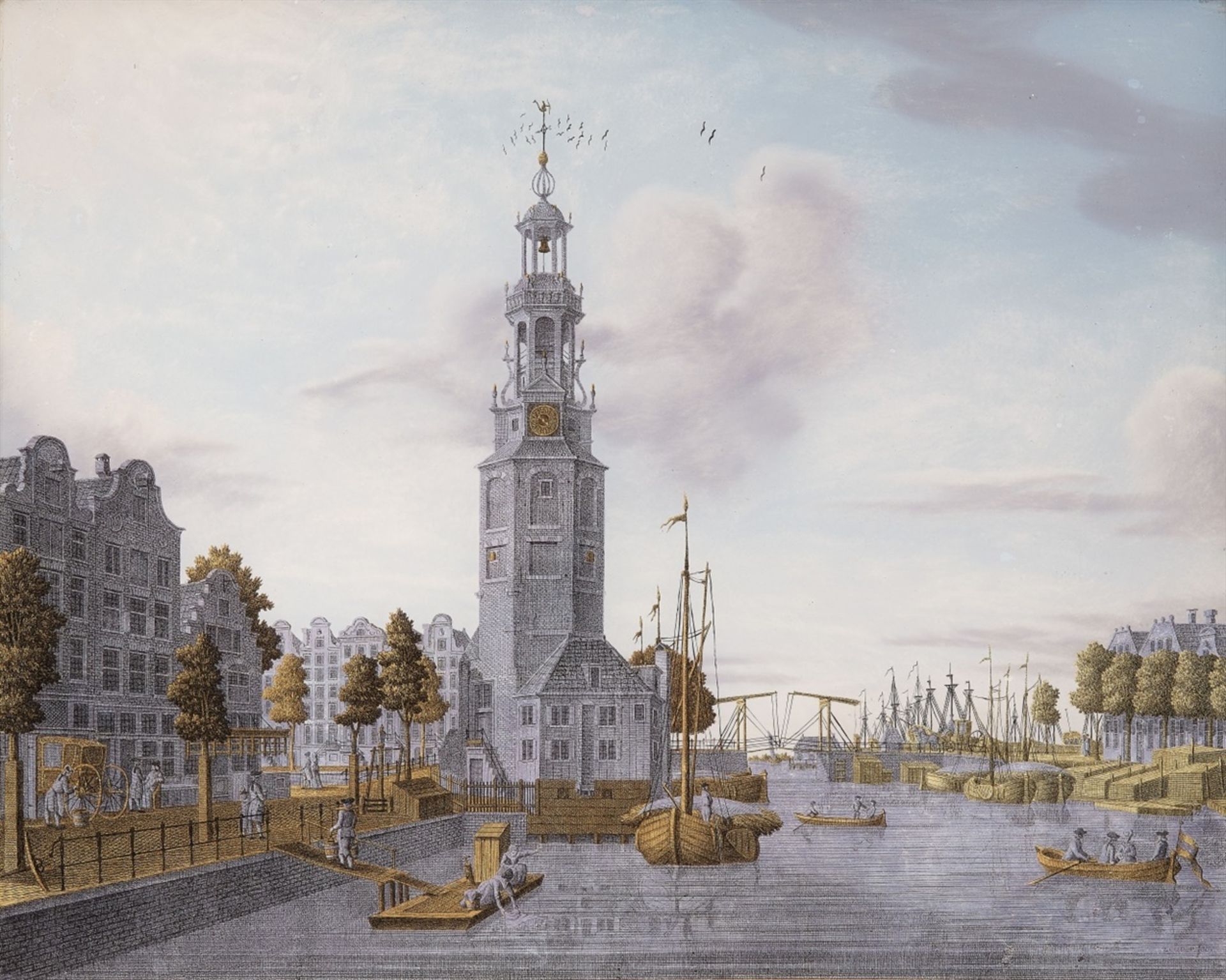 An eglomisé painting of Montelbaanstoren on the Oude SchansEtched gold and silver foil and