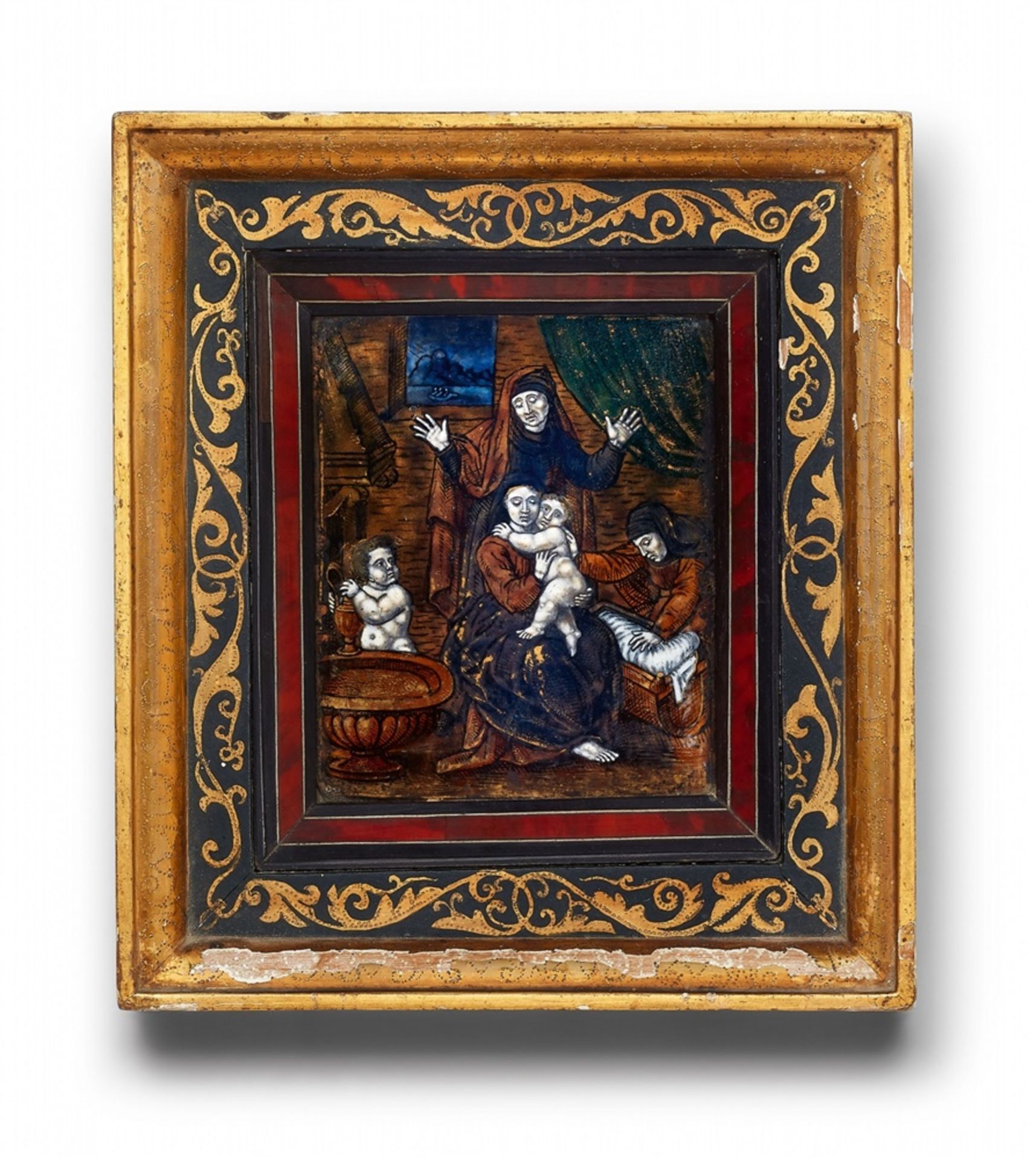 An enamelled plaque with the Virgin and ChildCopper panel with polychrome enamel and remains of