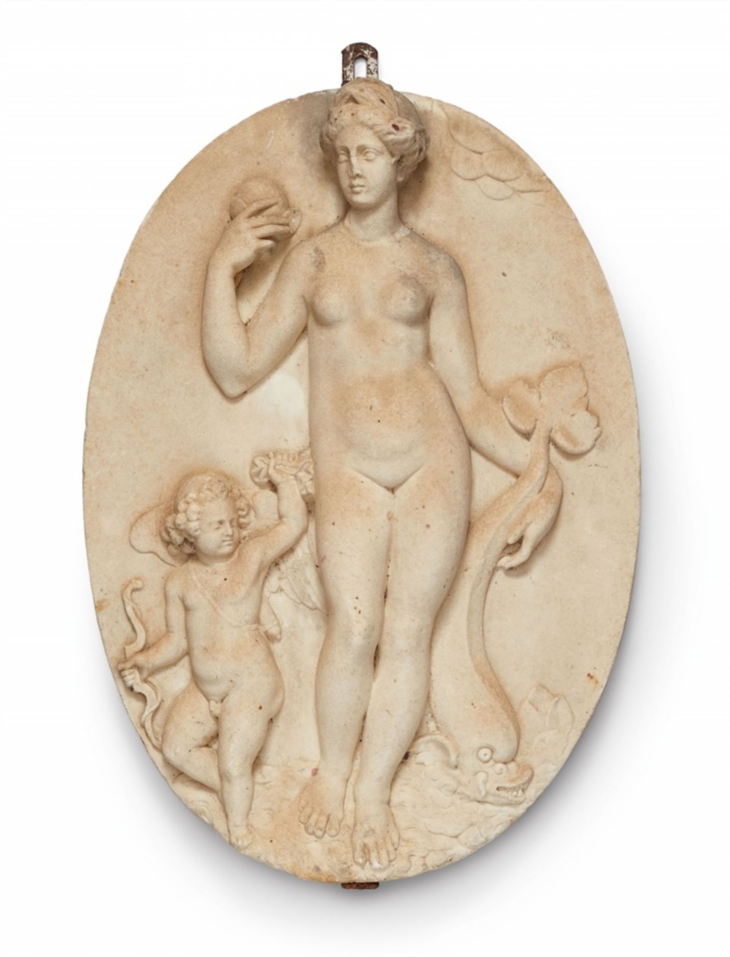 A white marble relief plaque with Venus and CupidRough white marble plaque with a depiction of Venus