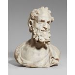 A marble bust of an old manAlmost life-sized pale grey banded marble bust with remnants of