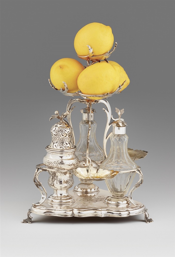 An Augsburg Rococo silver cruet setSilver; glass flacons. Silver cruet set with two silver mounted