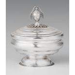 A rare Tübingen sugar boxSilver Oval sugar box on a waisted base, the finial formed as a festooned