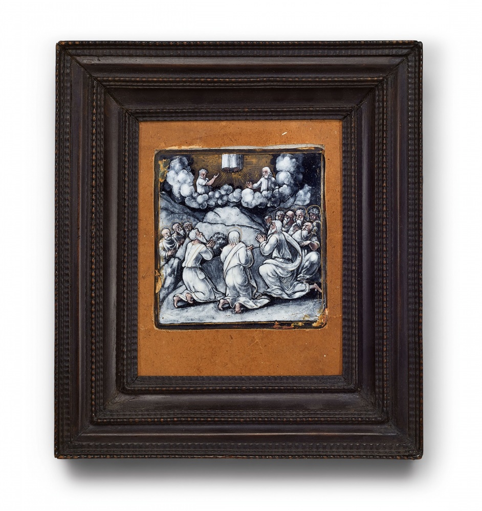 A copper plaque with the Ascension of ChristCopper panel with monochrome enamel décor “en grisaille”