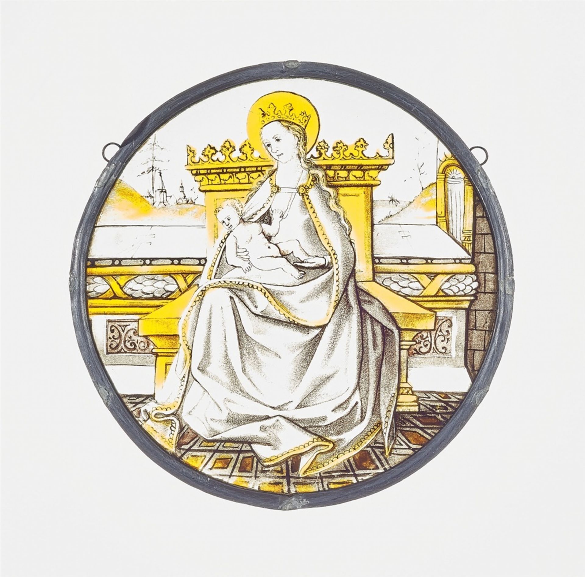 A Renaissance stained glass roundel with the Virgin and ChildColourless glass with grisaille and